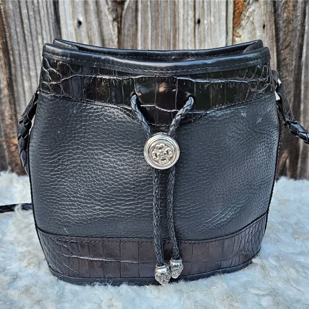 Black Leather Bucket Bag VTG Brighton Purse Braided Strap Cinch Vintage Western